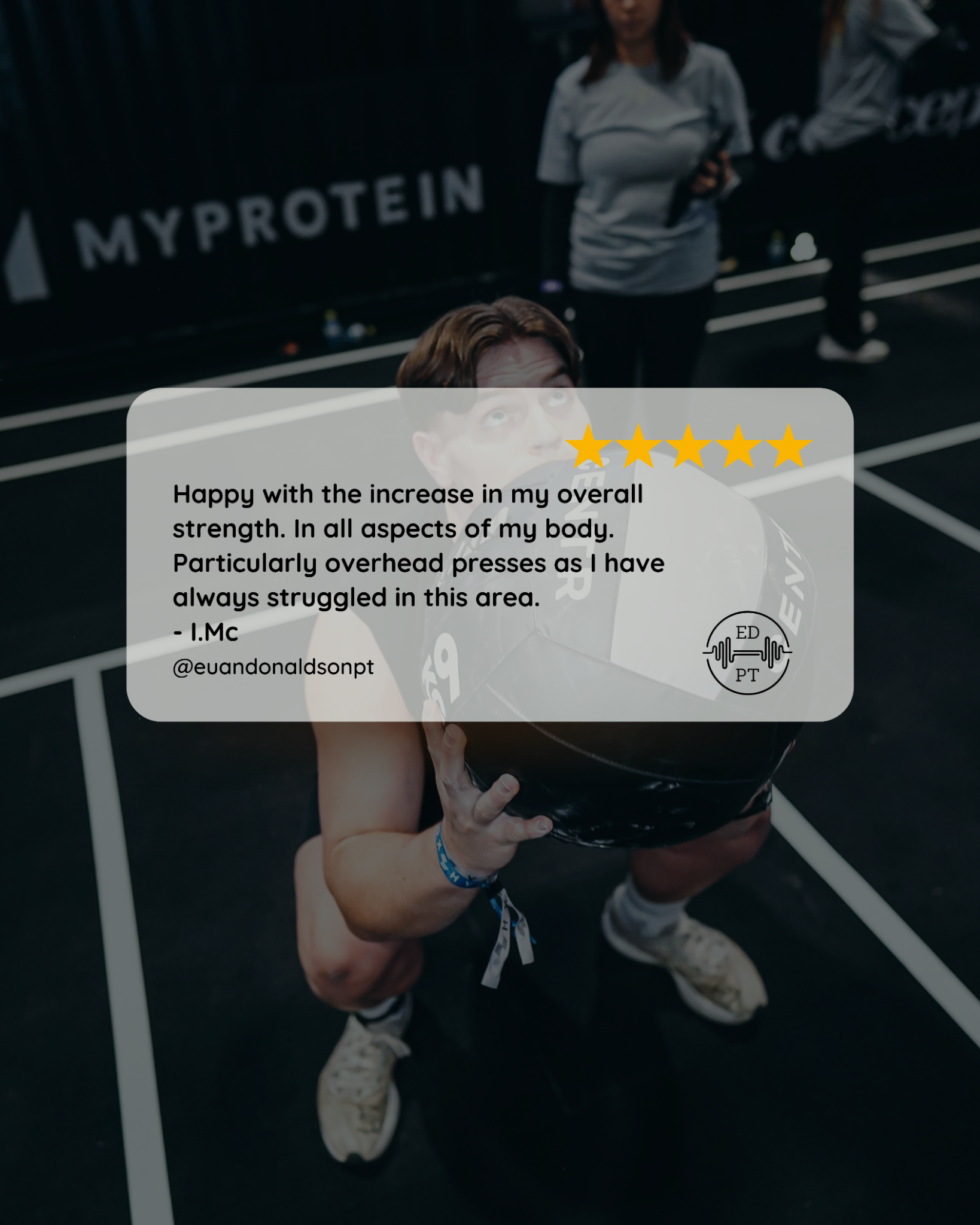 I.Mc: Happy with the increase in my overall strength. In all aspects of my body. Particularly overhead presses as I have always struggled in this area.